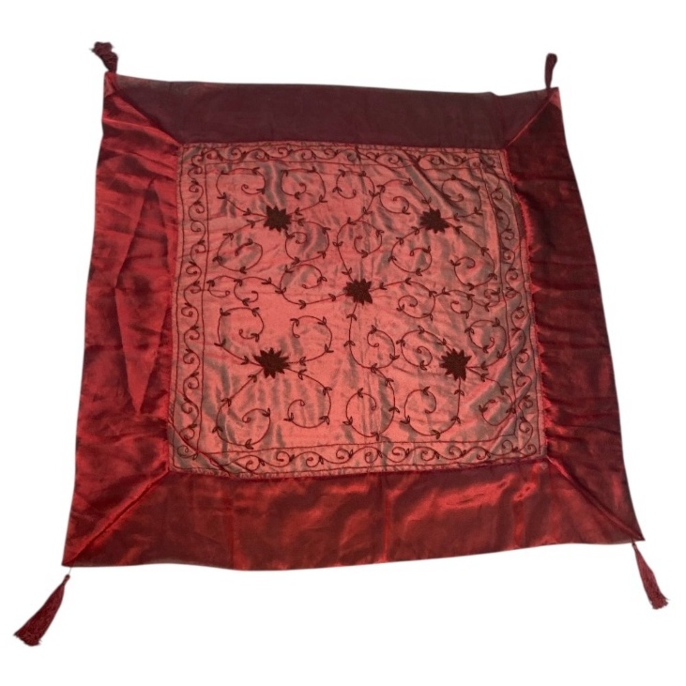 Organza formal tablecloth square with beaded designs and tassels burgundy
